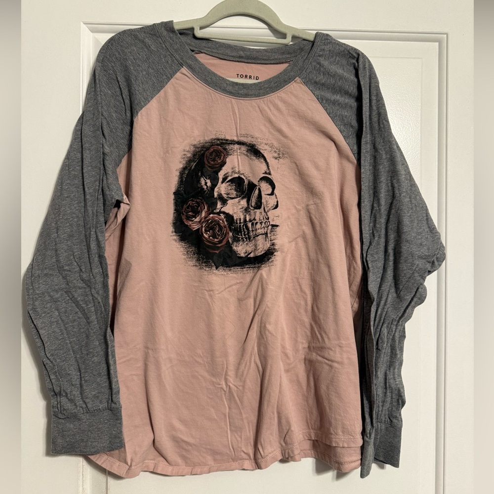 Torrid Gray and Pink Skull Graphic Long Sleeve Tee